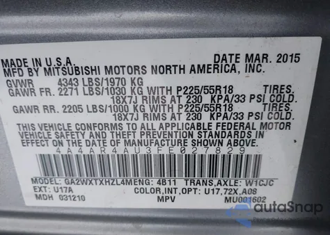 2015 Mitsubishi Outlander Sport Se from USA, damaged, VIN 4A4AR4AU3FE027829